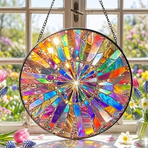Rainbow Spiral Stained Glass Suncatcher: Rainbow Window Hanging, Summer Home Decor